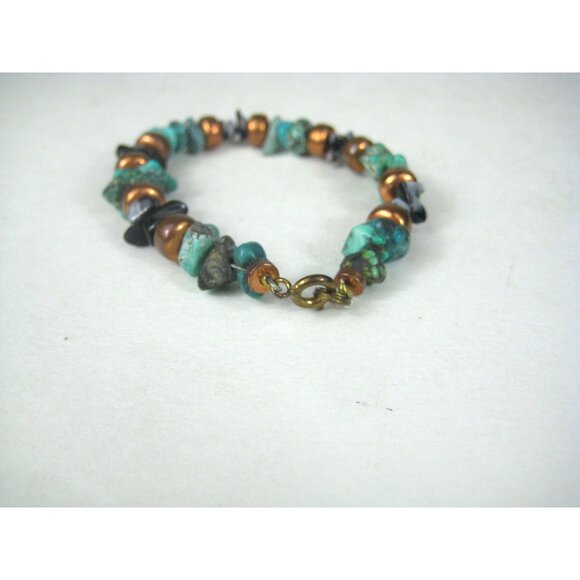 Handcrafted Turquoise Stone Copper Bead Bracelet Snowflake Agate Chip Black - Picture 2 of 6